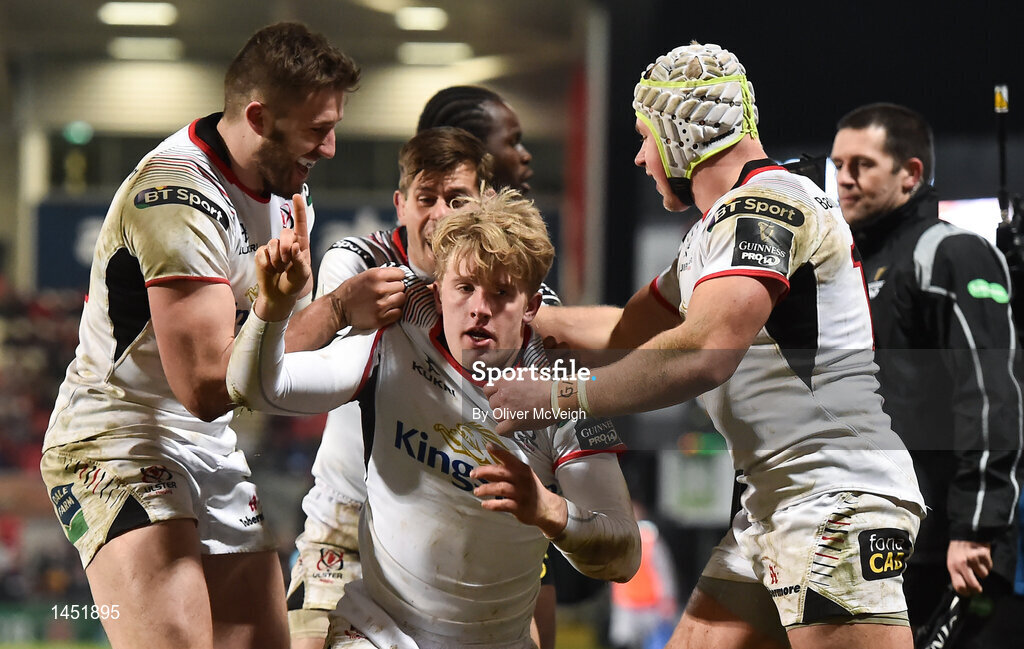 9 February 2018; Robert Lyttle of Ulster, centre, celebrates with teammates after scoring his side's fifth try during the Guinness PRO14 Round 14 match between Ulster and Southern Kings at Kingspan Stadium in Belfast. Photo by Oliver McVeigh/Sportsfile