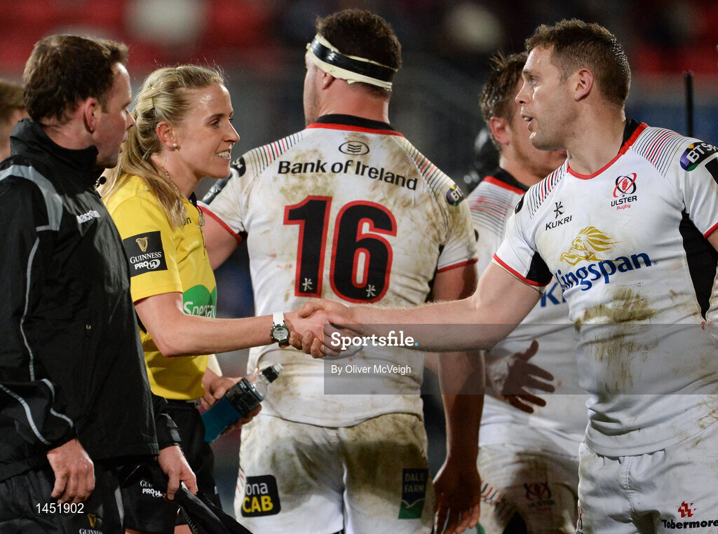 9 February 2018; Referee Joy Neville shakes hands with Darren Cave of Ulster after the Guinness PRO14 Round 14 match between Ulster and Southern Kings at Kingspan Stadium in Belfast. Photo by Oliver McVeigh/Sportsfile