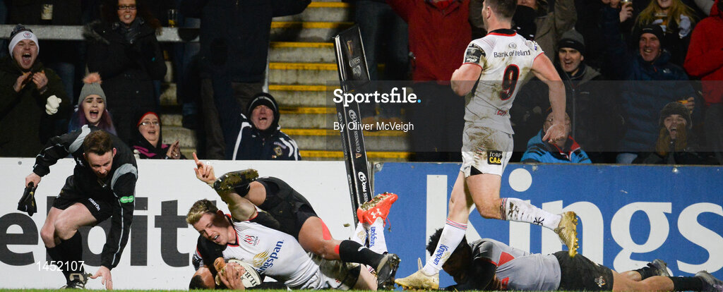 9 February 2018; Craig Gilroy of Ulster celebrating as he scores his side's 4th try during the Guinness PRO14 Round 14 match between Ulster and Southern Kings at Kingspan Stadium, in Belfast.  Photo by Oliver McVeigh/Sportsfile