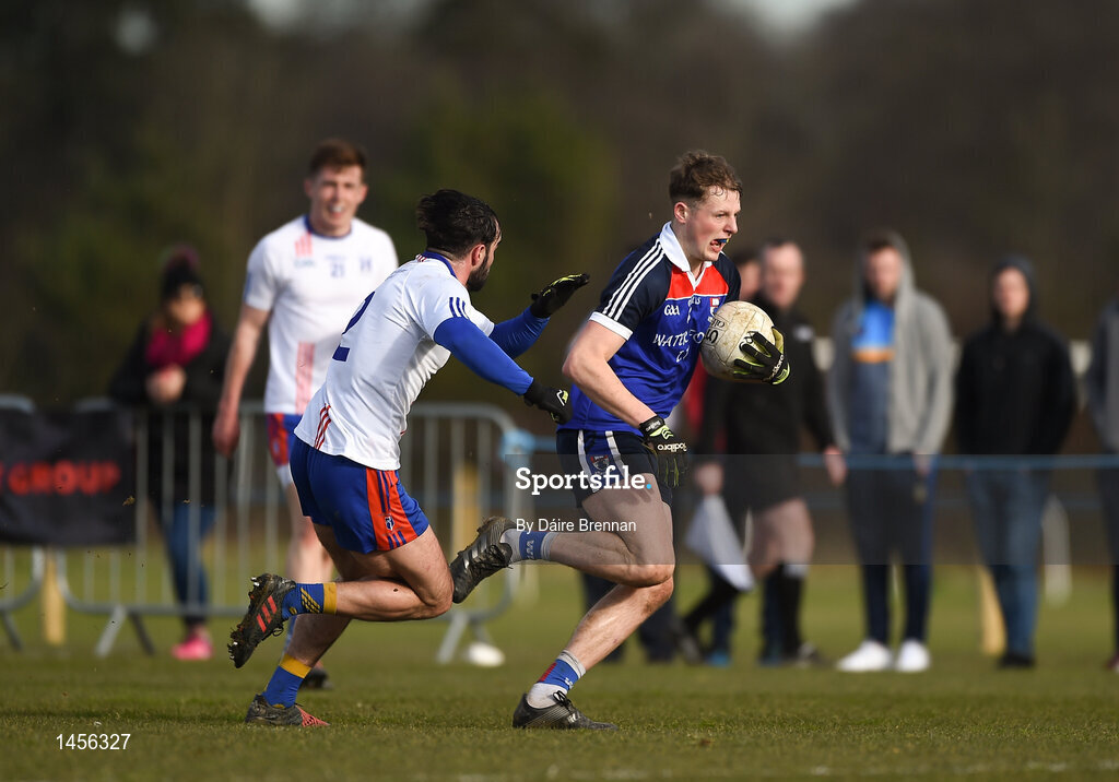 17 February 2018; Mark Rossiter of Waterford Institute of Technology in action against Cormac Coffey of Mary Immaculate College Limerick during the Electric Ireland HE GAA Trench Cup Final match between Waterford Institute of Technology and Mary Immaculate College Limerick at Santry Avenue in Dublin. Photo by Daire Brennan/Sportsfile