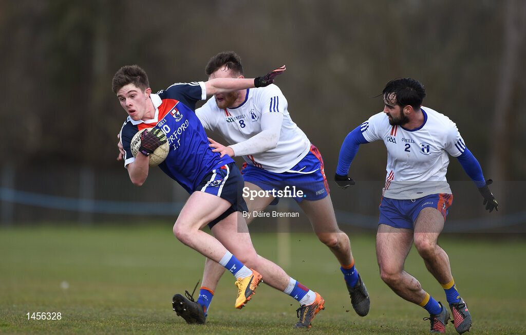 17 February 2018; Conor Murray of Waterford Institute of Technology in action against Matthew O'Sullivan of Mary Immaculate College Limerick during the Electric Ireland HE GAA Trench Cup Final match between Waterford Institute of Technology and Mary Immaculate College Limerick at Santry Avenue in Dublin. Photo by Daire Brennan/Sportsfile