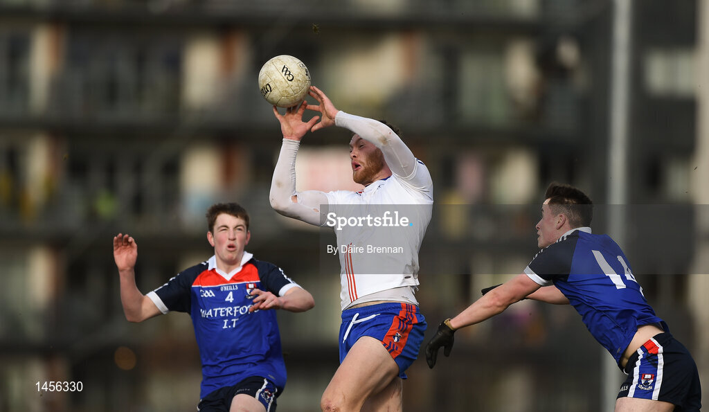 17 February 2018; Matthew O'Sullivan of Mary Immaculate College Limerick in action against Rob Childs, left, and Mark Ryan of Waterford Institute of Technology during the Electric Ireland HE GAA Trench Cup Final match between Waterford Institute of Technology and Mary Immaculate College Limerick at Santry Avenue in Dublin. Photo by Daire Brennan/Sportsfile