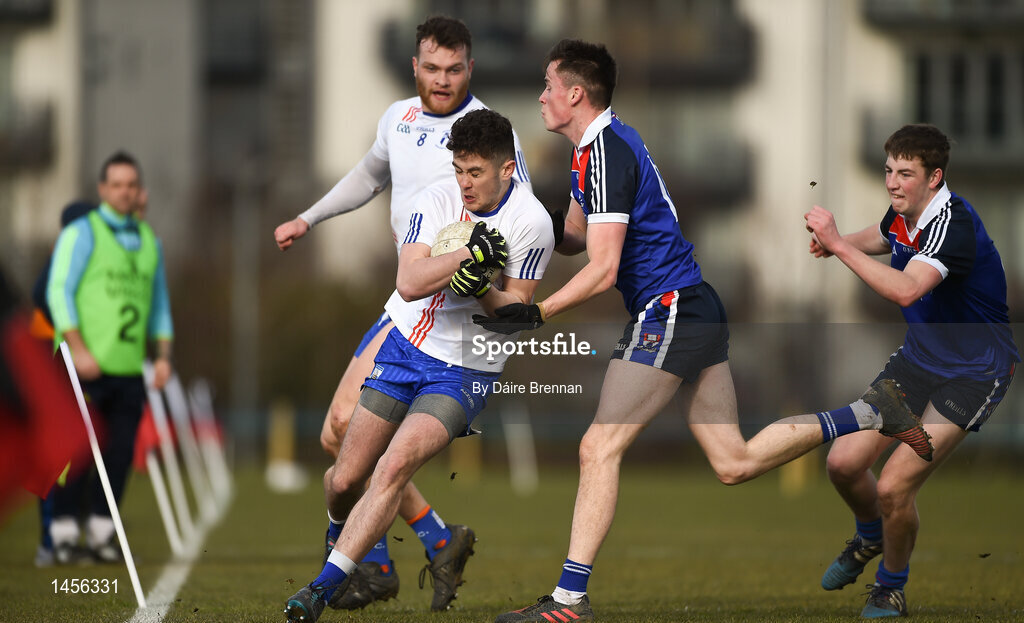 17 February 2018; Shane O'Brien of Mary Immaculate College Limerick in action against Mark Ryan of Waterford Institute of Technology during the Electric Ireland HE GAA Trench Cup Final match between Waterford Institute of Technology and Mary Immaculate College Limerick at Santry Avenue in Dublin. Photo by Daire Brennan/Sportsfile