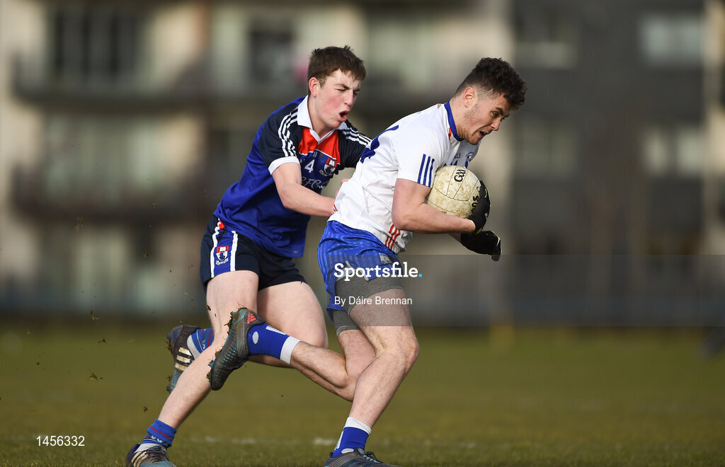 17 February 2018; Shane O'Brien of Mary Immaculate College Limerick in action against Rob Childs of Waterford Institute of Technology during the Electric Ireland HE GAA Trench Cup Final match between Waterford Institute of Technology and Mary Immaculate College Limerick at Santry Avenue in Dublin. Photo by Daire Brennan/Sportsfile