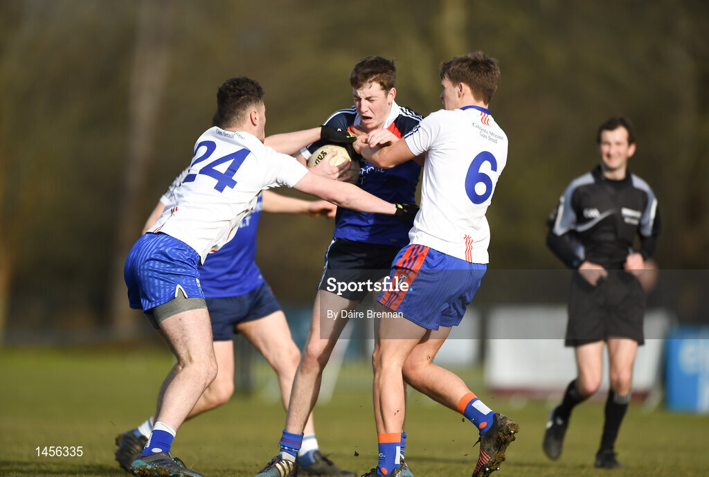 17 February 2018; Mark Ryan of Waterford Institute of Technology in action against Shane O'Brien, left, and Cillian Fahy of Mary Immaculate College Limerick during the Electric Ireland HE GAA Trench Cup Final match between Waterford Institute of Technology and Mary Immaculate College Limerick at Santry Avenue in Dublin. Photo by Daire Brennan/Sportsfile