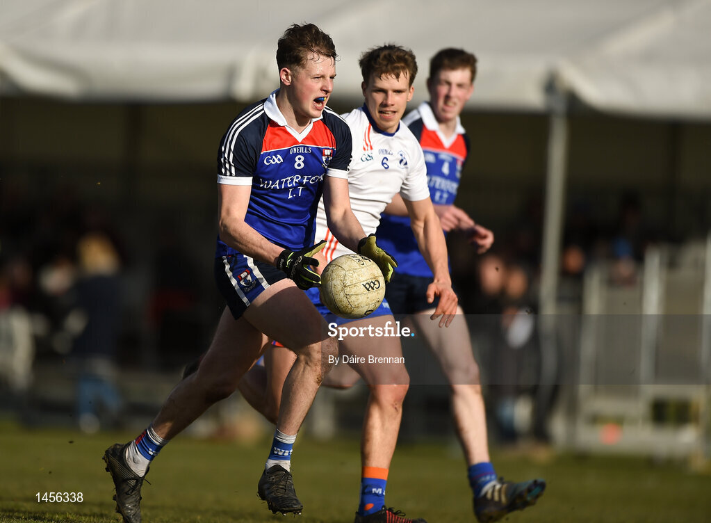 17 February 2018; Mark Rossiter of Waterford Institute of Technology in action against Cillian Fahy of Mary Immaculate College Limerick during the Electric Ireland HE GAA Trench Cup Final match between Waterford Institute of Technology and Mary Immaculate College Limerick at Santry Avenue in Dublin. Photo by Daire Brennan/Sportsfile