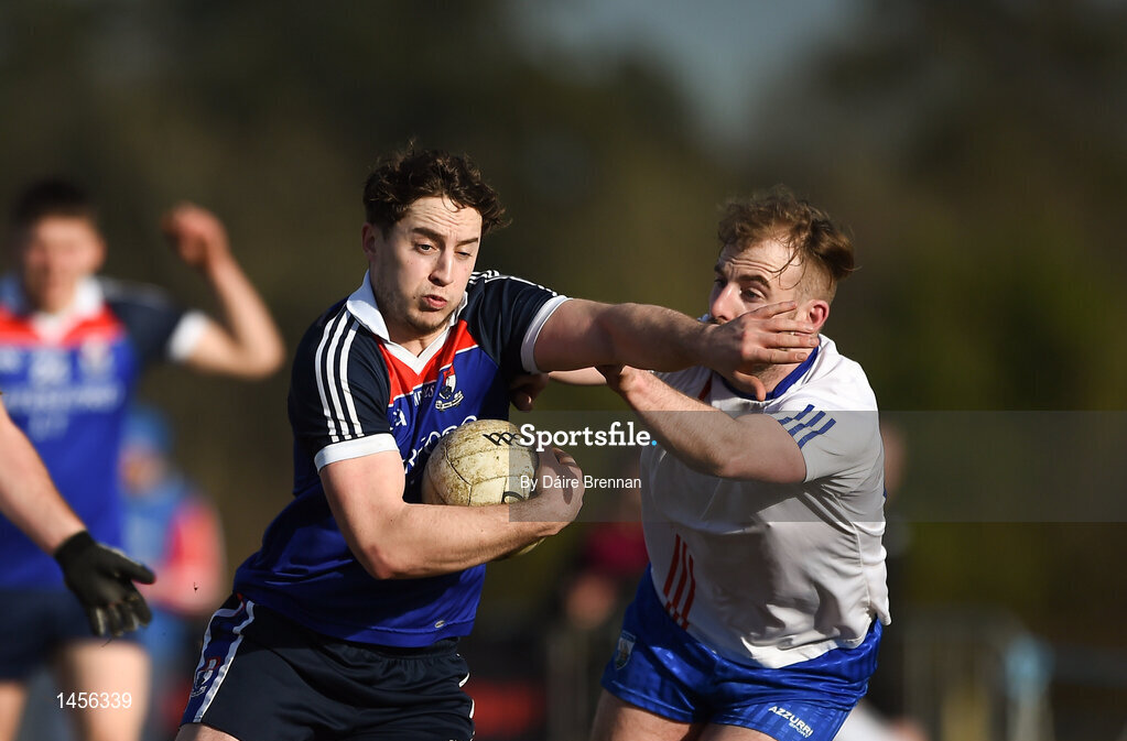17 February 2018; Joe O'Connor of Waterford Institute of Technology in action against Ruadhán Ó Curraoin of Mary Immaculate College Limerick during the Electric Ireland HE GAA Trench Cup Final match between Waterford Institute of Technology and Mary Immaculate College Limerick at Santry Avenue in Dublin. Photo by Daire Brennan/Sportsfile
