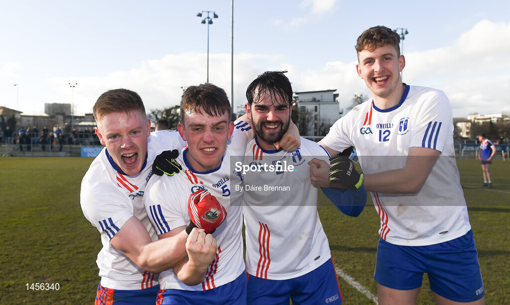 17 February 2018; Mary Immaculate College Limerick players, left to right, James McNeive, Daniel O'Donoghue, Cormac Coffey, and Dara Mac Gearailt celebrate after the Electric Ireland HE GAA Trench Cup Final match between Waterford Institute of Technology and Mary Immaculate College Limerick at Santry Avenue in Dublin. Photo by Daire Brennan/Sportsfile