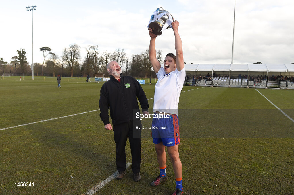 17 February 2018; Mary Immaculate College Limerick captain Cillian Fahy lifts the Trench Cup after the Electric Ireland HE GAA Trench Cup Final match between Waterford Institute of Technology and Mary Immaculate College Limerick at Santry Avenue in Dublin. Photo by Daire Brennan/Sportsfile