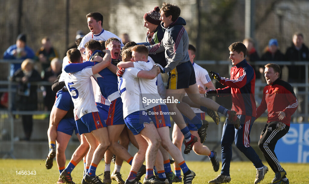 17 February 2018; Mary Immaculate College Limerick players celebrate after the Electric Ireland HE GAA Trench Cup Final match between Waterford Institute of Technology and Mary Immaculate College Limerick at Santry Avenue in Dublin. Photo by Daire Brennan/Sportsfile
