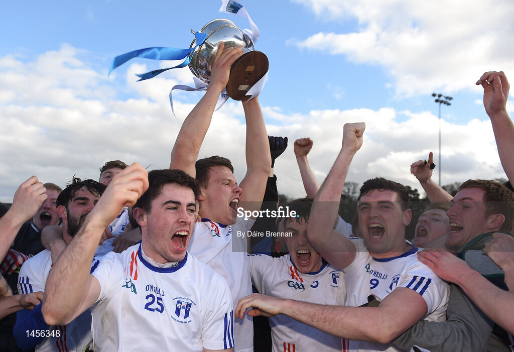 17 February 2018; Mary Immaculate College Limerick captain Cillian Fahy lifts the Trench Cup surrounded by team-mates after the Electric Ireland HE GAA Trench Cup Final match between Waterford Institute of Technology and Mary Immaculate College Limerick at Santry Avenue in Dublin. Photo by Daire Brennan/Sportsfile