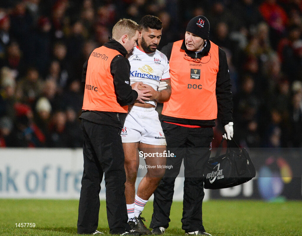 9 February 2018; Charles Piutau of Ulster leaving the field with an injury along with Garth Robinson Ulster Physiotherapist, left, and Dr Michael Webb Ulster Doctor during the Guinness PRO14 Round 14 match between Ulster and Southern Kings at Kingspan Stadium, in Belfast. Photo by Oliver McVeigh/Sportsfile