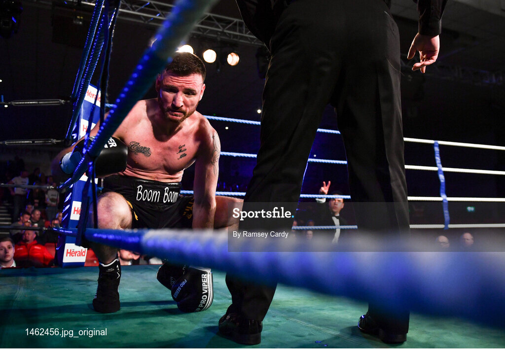 3 March 2018; Ger Healy receovers from a knock down by JJ McDonagh during their quarter final bout during the Last Man Standing Boxing Tournament at the National Stadium in Dublin. Photo by Ramsey Cardy/Sportsfile