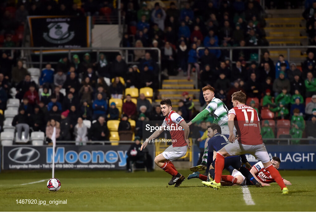 16 March 2018; Players from both side's watch as Ethan Boyle of Shamrock Rovers' deflected cross goes in for his side's first goal of the game during the SSE Airtricity League Premier Division match between Shamrock Rovers and St Patrick's Athletic at Tallaght Stadium in Tallaght, Dublin. Photo by Eóin Noonan/Sportsfile