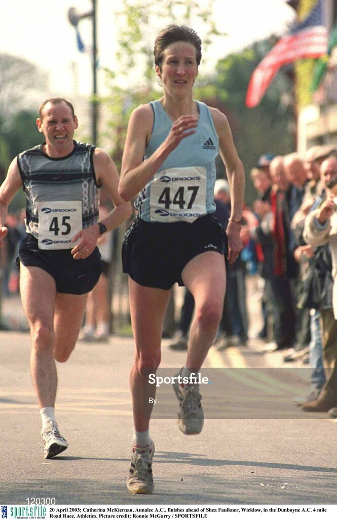 20 April 2003; Catherina McKiernan, Annalee A.C., finishes ahead of Shea Faulkner, Wicklow, in the Dunboyne A.C. 4 mile Road Race. Athletics. Picture credit; Ronnie McGarry / SPORTSFILE