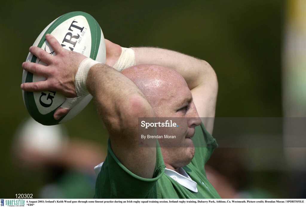 6 August 2003; Keith Wood goes through some lineout practice during an Irish rugby squad training session at Dubarry Park, Athlone, Co. Westmeath. Photo by Brendan Moran/Sportsfile