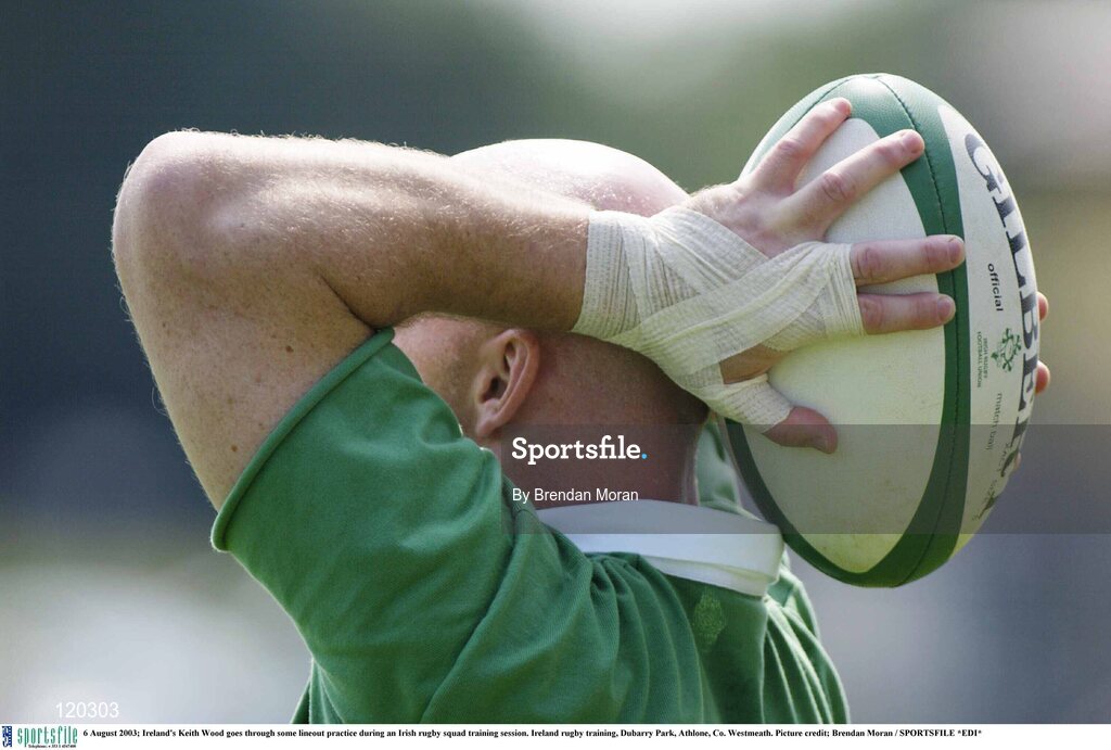 6 August 2003; Keith Wood goes through some lineout practice during an Irish rugby squad training session at Dubarry Park, Athlone, Co. Westmeath. Photo by Brendan Moran/Sportsfile
