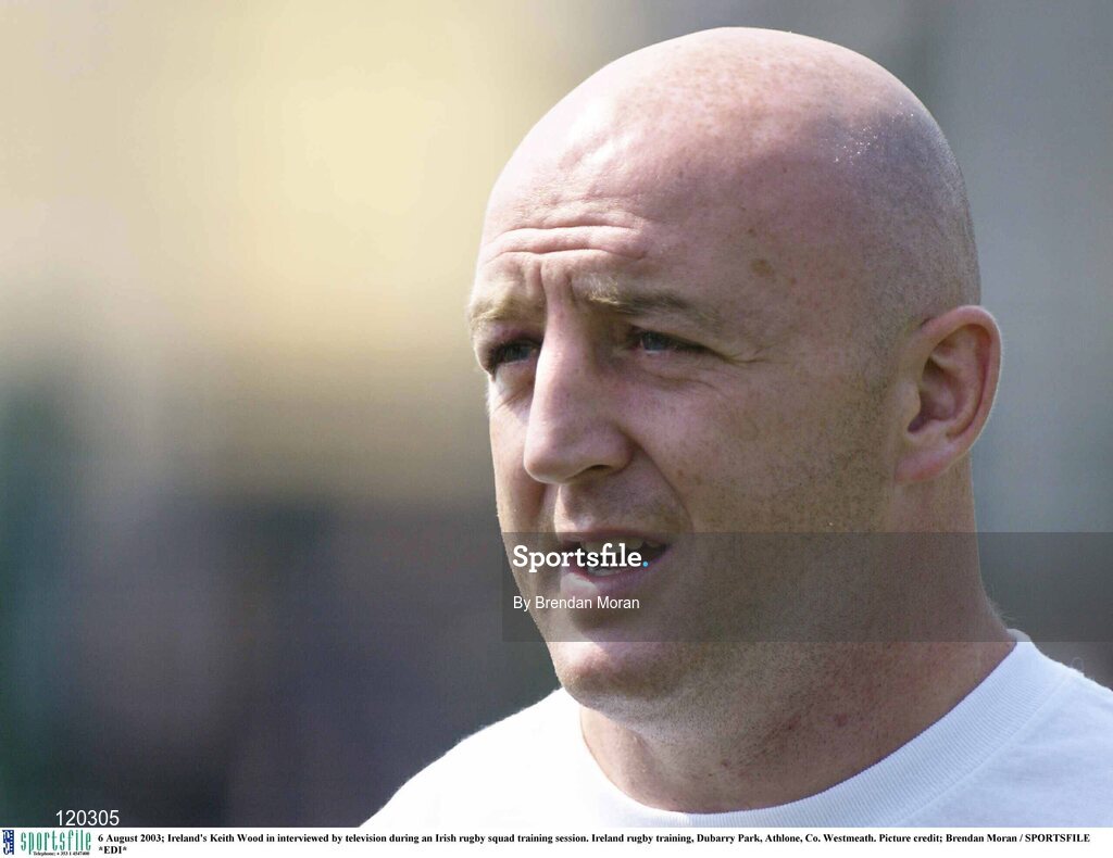 6 August 2003; Keith Wood in interviewed by television during an Irish rugby squad training session at Dubarry Park, Athlone, Co. Westmeath. Photo by Brendan Moran/Sportsfile