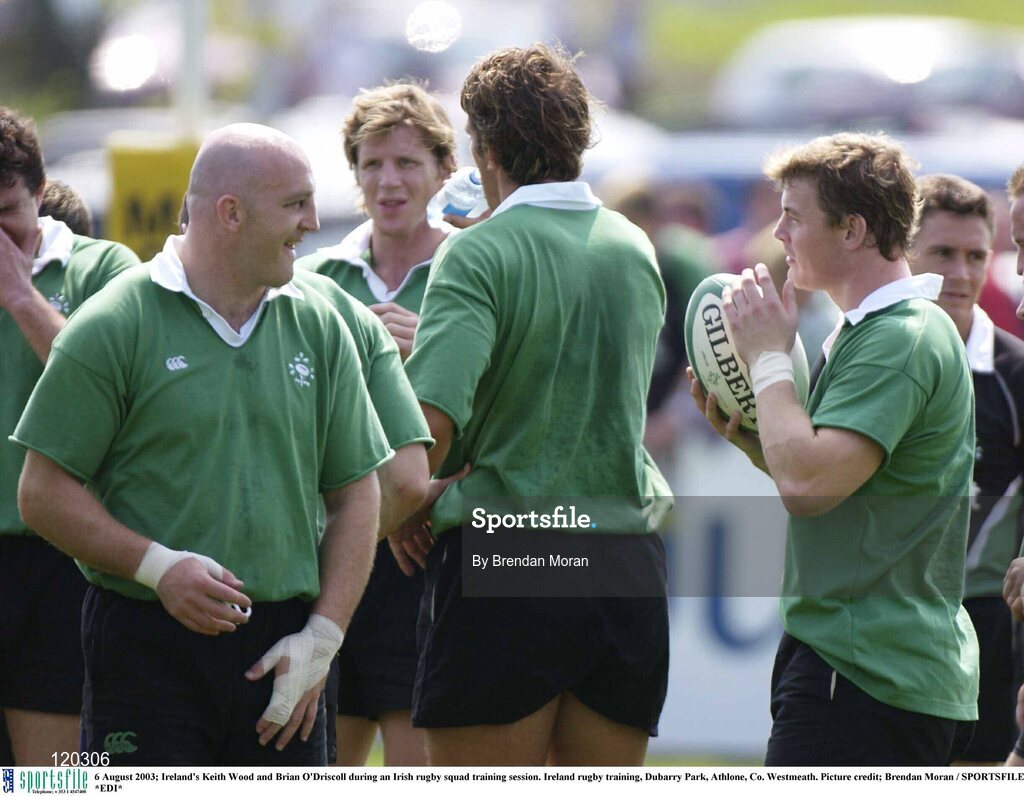 6 August 2003; Keith Wood and Brian O'Driscoll during an Irish rugby squad training session at Dubarry Park, Athlone, Co. Westmeath. Photo by Brendan Moran/Sportsfile