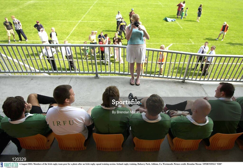 6 August 2003; Members of the Irish rugby team pose for a photo after an Irish rugby squad training session at Dubarry Park, Athlone, Co. Westmeath.