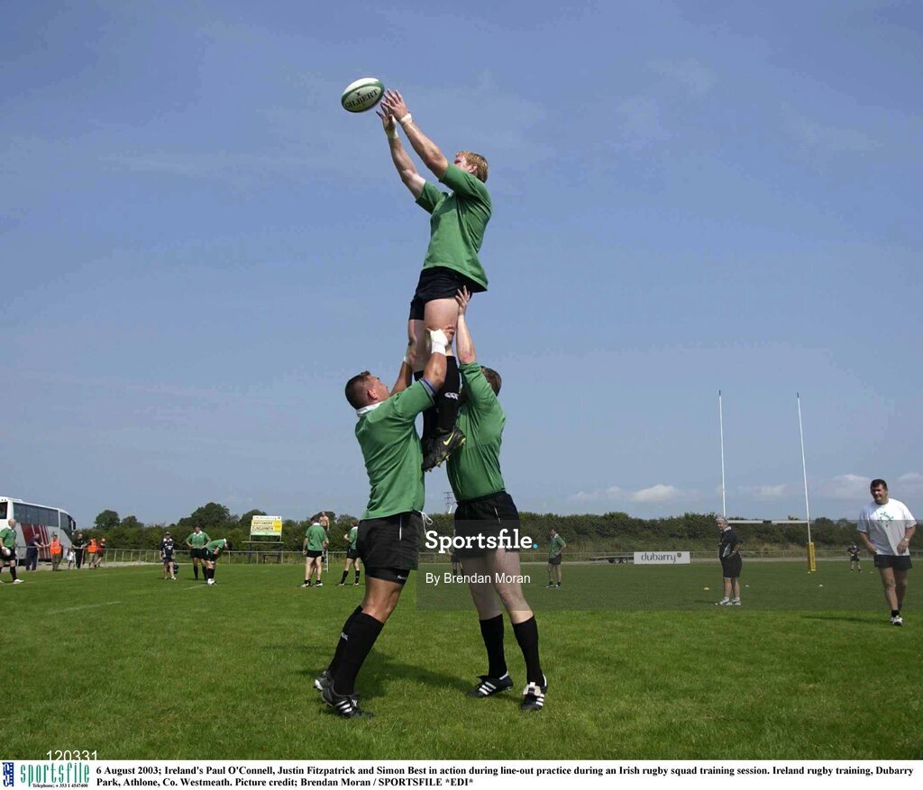 6 August 2003; Paul O'Connell, Justin Fitzpatrick and Simon Best in action during line-out practice during an Irish rugby squad training session at Dubarry Park, Athlone, Co. Westmeath. Photo by Brendan Moran/Sportsfile