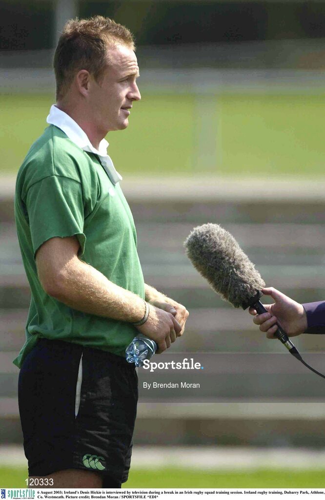 6 August 2003; Denis Hickie is interviewed by television during an Irish rugby squad training session at Dubarry Park, Athlone, Co. Westmeath. Photo by Brendan Moran/Sportsfile