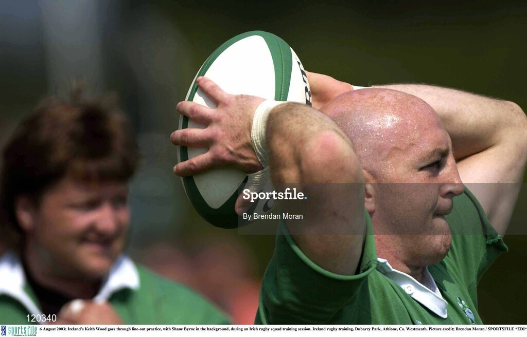 6 August 2003; Keith Wood goes through line-out practice, with Shane Byrne, left, during an Irish rugby squad training session at Dubarry Park, Athlone, Co. Westmeath. Photo by Brendan Moran/Sportsfile