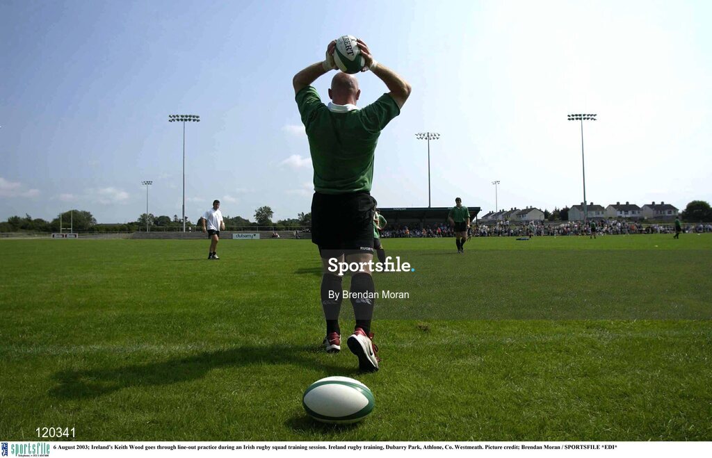 6 August 2003; Keith Wood goes through line-out practice during an Irish rugby squad training session at Dubarry Park, Athlone, Co. Westmeath. Photo by Brendan Moran/Sportsfile
