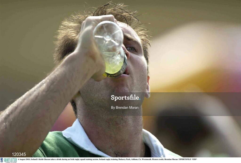 6 August 2003; Keith Gleeson takes a drink during an Irish rugby squad training session at Dubarry Park, Athlone, Co. Westmeath. Photo by Brendan Moran/Sportsfile