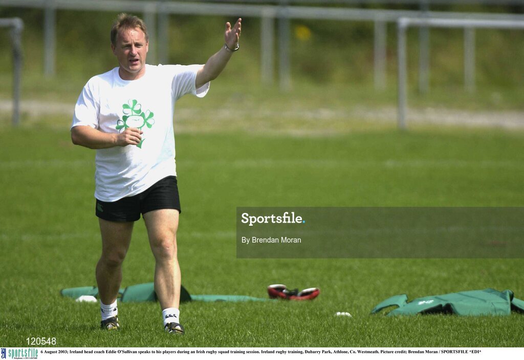 6 August 2003; Ireland head coach Eddie O'Sullivan speaks to his players during an Irish rugby squad training session at Dubarry Park, Athlone, Co. Westmeath.