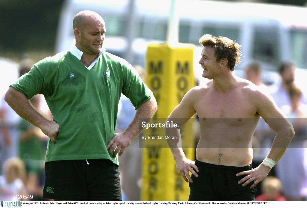 6 August 2003; John Hayes and Brian O'Driscoll pictured during an Irish rugby squad training session during an Irish rugby squad training session at Dubarry Park, Athlone, Co. Westmeath.
