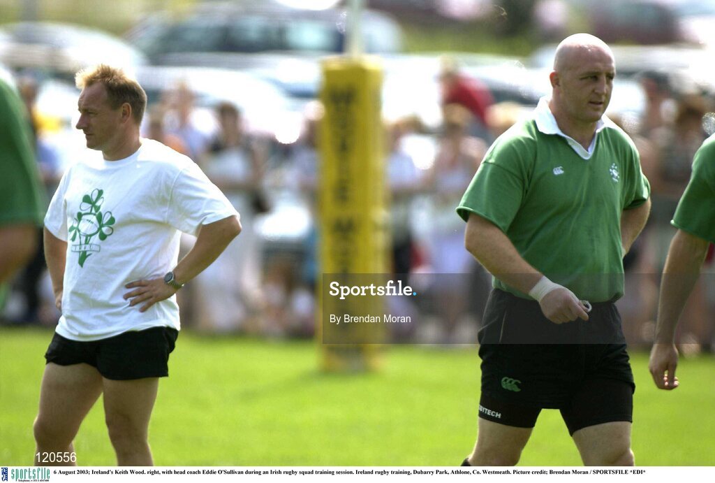 6 August 2003; Keith Wood, right, with head coach Eddie O'Sullivan during an Irish rugby squad training session at Dubarry Park, Athlone, Co. Westmeath. Photo by Brendan Moran/Sportsfile
