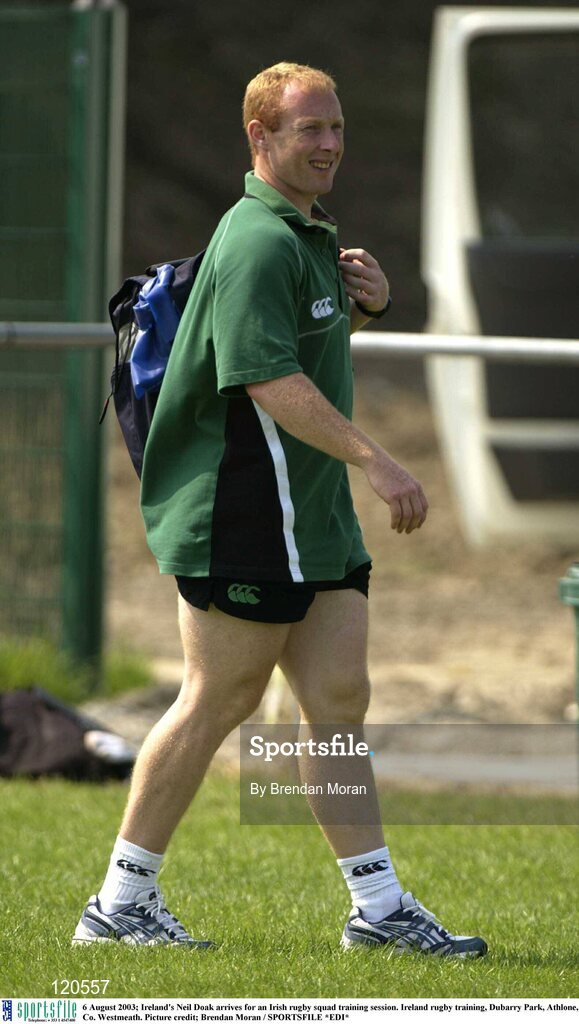 6 August 2003; Neil Doak arrives before the Irish rugby squad training session at Dubarry Park, Athlone, Co. Westmeath. Photo by Brendan Moran/Sportsfile