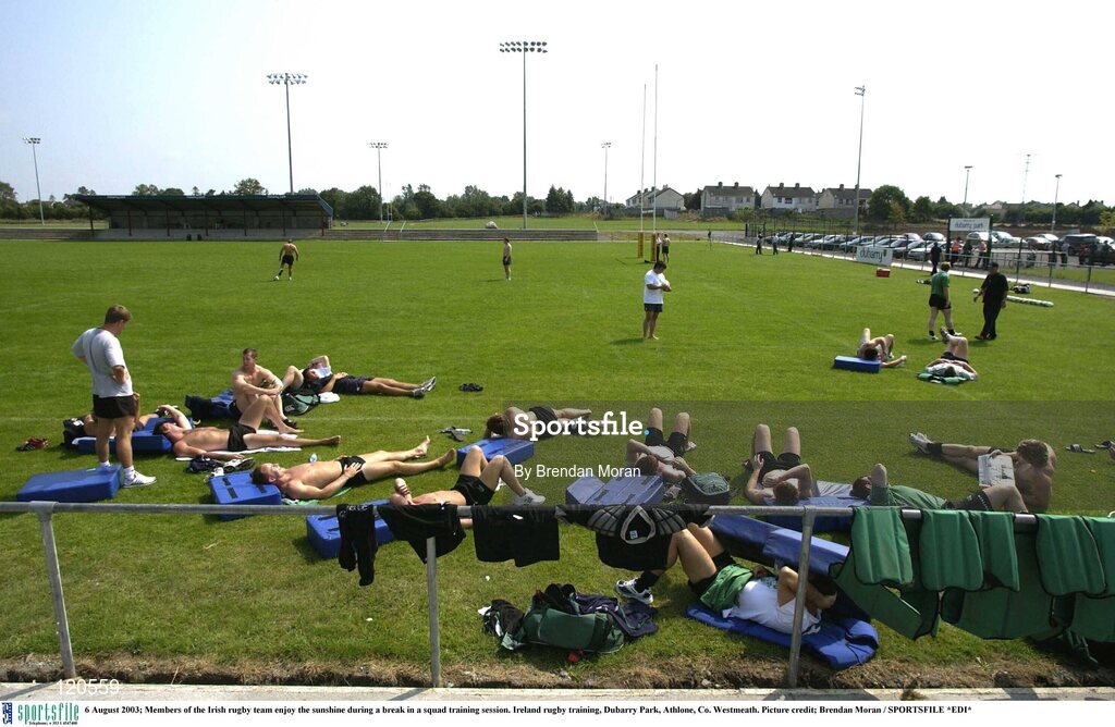 6 August 2003; Members of the Irish rugby team enjoy the sunshine during a break in a Irish rugby squad training session at Dubarry Park, Athlone, Co. Westmeath. Photo by Brendan Moran/Sportsfile