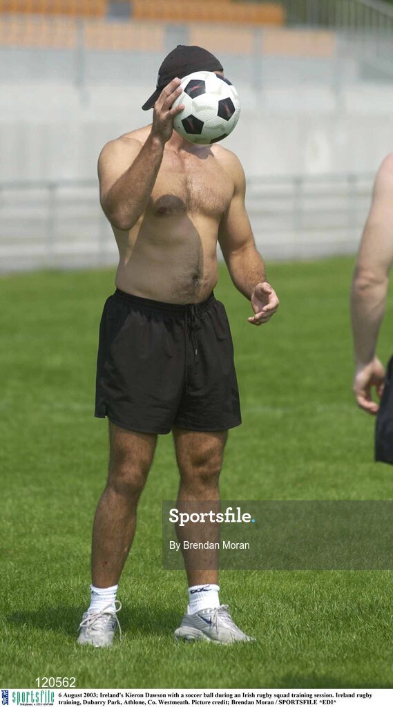6 August 2003; Kieron Dawson with a soccer ball during an Irish rugby squad training session at Dubarry Park, Athlone, Co. Westmeath. Photo by Brendan Moran/Sportsfile