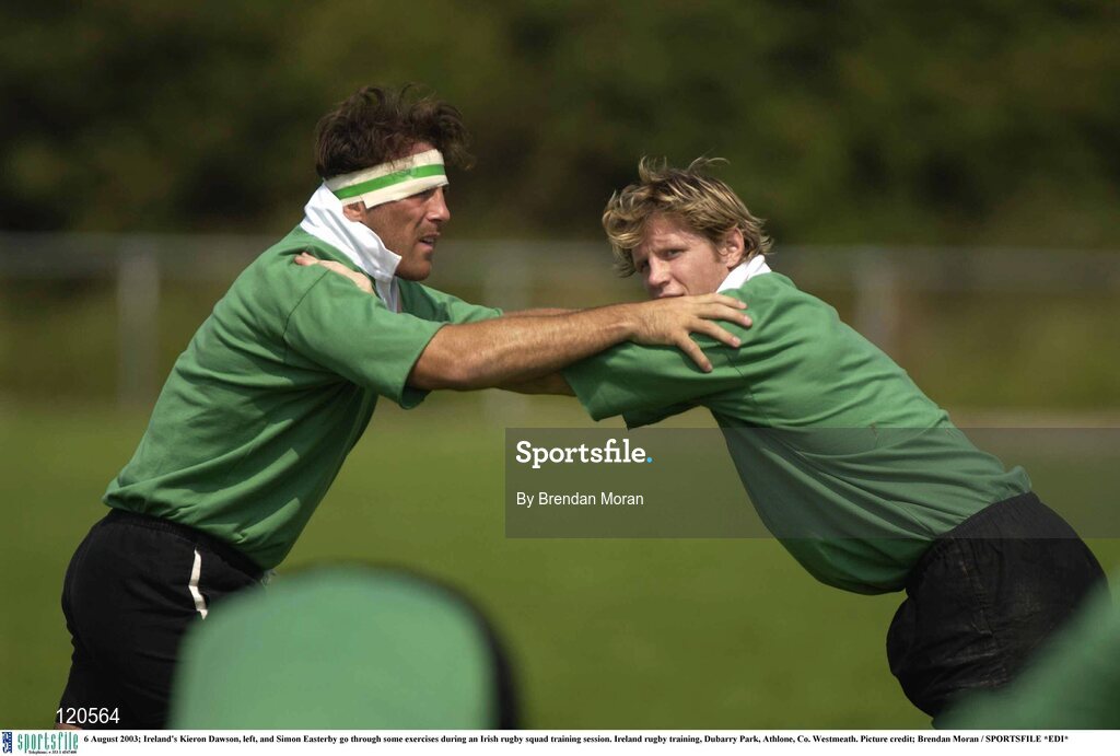 6 August 2003; Kieron Dawson, left, and Simon Easterby go through some exercises during an Irish rugby squad training session at Dubarry Park, Athlone, Co. Westmeath. Photo by Brendan Moran/Sportsfile