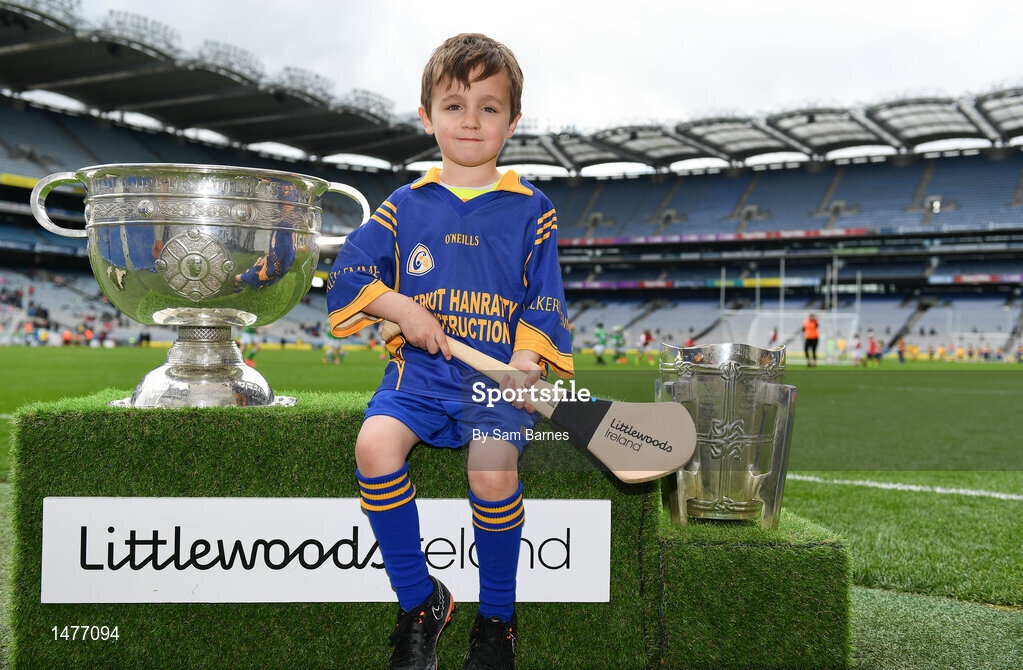 3 April 2018; Players from Kilkerley Emmets GAA, Co Louth pictured with the Sam Maguire and Liam MacCarthy Trophies during Day 1 of the The Go Games Provincial days in partnership with Littlewoods Ireland at Croke Park in Dublin. Photo by Sam Barnes/Sportsfile