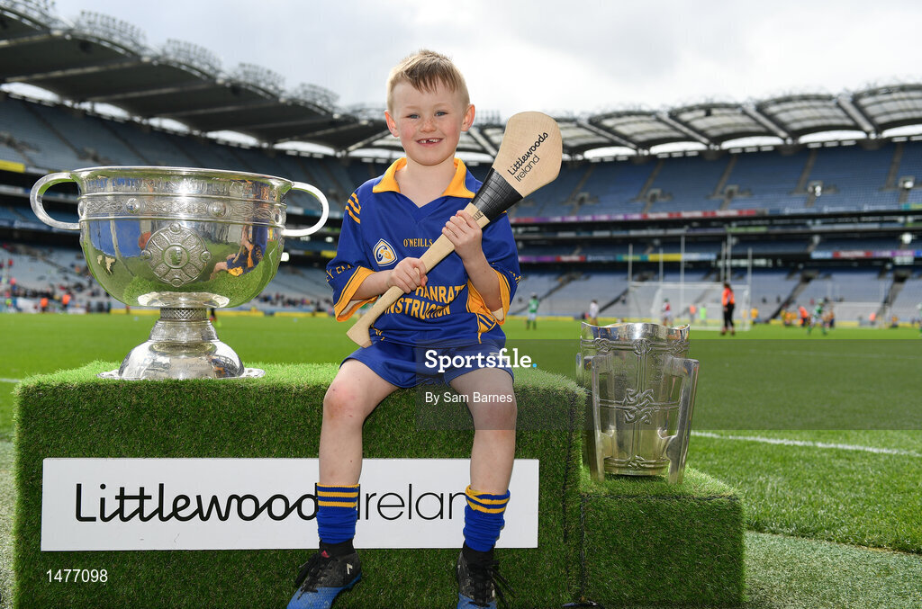 3 April 2018; Players from Kilkerley Emmets GAA, Co Louth pictured with the Sam Maguire and Liam MacCarthy Trophies during Day 1 of the The Go Games Provincial days in partnership with Littlewoods Ireland at Croke Park in Dublin. Photo by Sam Barnes/Sportsfile