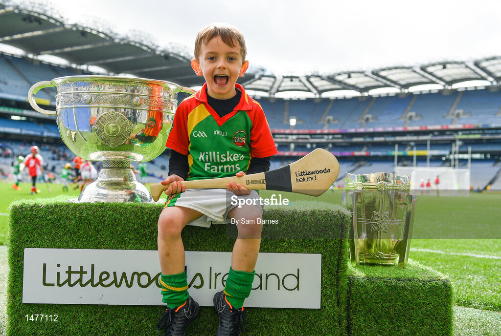 3 April 2018; Players from Ballinamere GAA, Co Offaly, pictured with the Sam Maguire and Liam MacCarthy Trophies  during Day 1 of the The Go Games Provincial days in partnership with Littlewoods Ireland at Croke Park in Dublin. Photo by Sam Barnes/Sportsfile