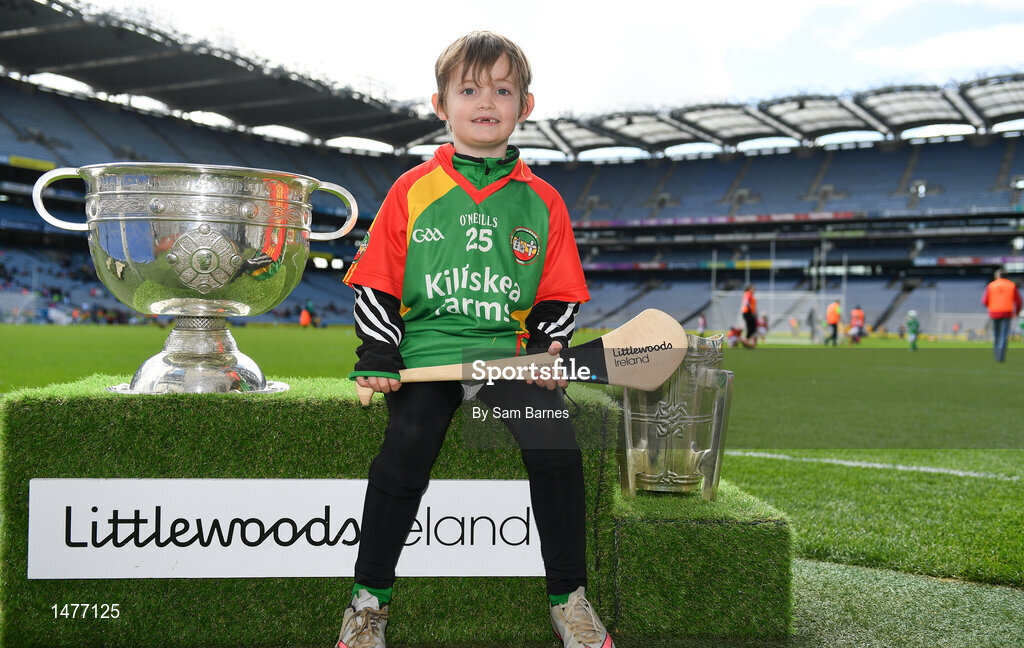 3 April 2018; Players from Ballinamere GAA, Co Offaly, pictured with the Sam Maguire and Liam MacCarthy Trophies  during Day 1 of the The Go Games Provincial days in partnership with Littlewoods Ireland at Croke Park in Dublin. Photo by Sam Barnes/Sportsfile
