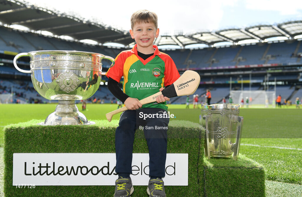 3 April 2018; Players from Ballinamere GAA, Co Offaly, pictured with the Sam Maguire and Liam MacCarthy Trophies  during Day 1 of the The Go Games Provincial days in partnership with Littlewoods Ireland at Croke Park in Dublin. Photo by Sam Barnes/Sportsfile