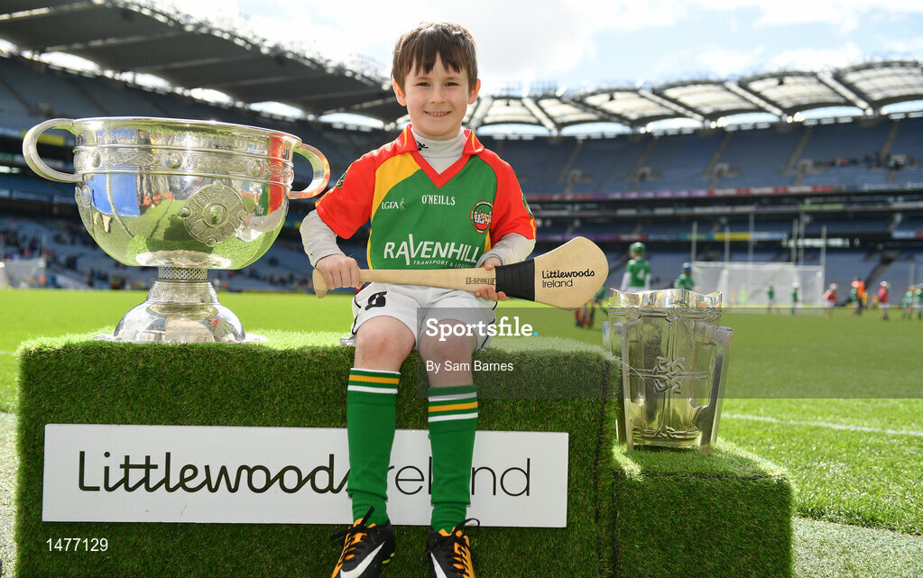3 April 2018; Players from Ballinamere GAA, Co Offaly, pictured with the Sam Maguire and Liam MacCarthy Trophies  during Day 1 of the The Go Games Provincial days in partnership with Littlewoods Ireland at Croke Park in Dublin. Photo by Sam Barnes/Sportsfile