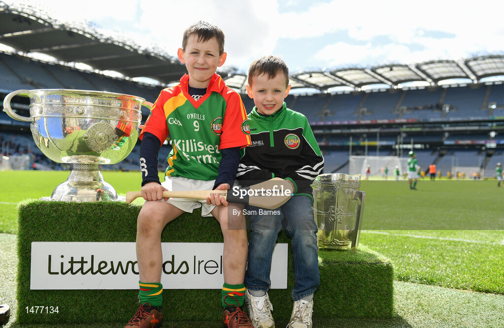 3 April 2018; Players from Ballinamere GAA, Co Offaly, pictured with the Sam Maguire and Liam MacCarthy Trophies  during Day 1 of the The Go Games Provincial days in partnership with Littlewoods Ireland at Croke Park in Dublin. Photo by Sam Barnes/Sportsfile