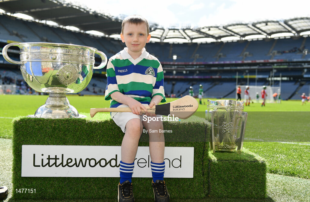 3 April 2018; Players from Carrig/Riverstown Gaels GAA, Co Offaly, pictured with the Sam Maguire and Liam MacCarthy Trophies  during Day 1 of the The Go Games Provincial days in partnership with Littlewoods Ireland at Croke Park in Dublin. Photo by Sam Barnes/Sportsfile