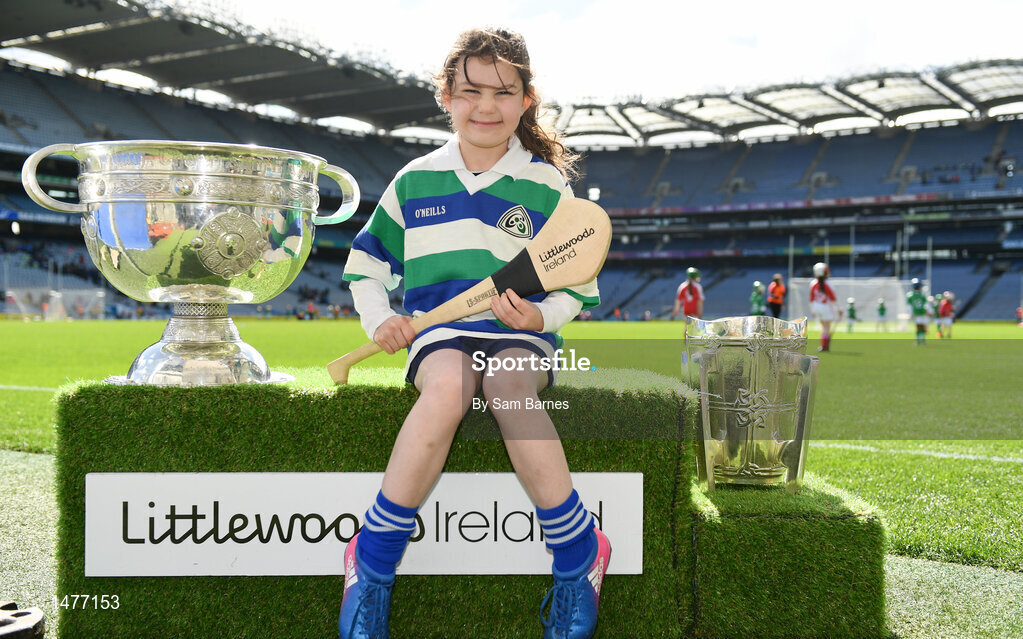 3 April 2018; Players from Carrig/Riverstown Gaels GAA, Co Offaly, pictured with the Sam Maguire and Liam MacCarthy Trophies  during Day 1 of the The Go Games Provincial days in partnership with Littlewoods Ireland at Croke Park in Dublin. Photo by Sam Barnes/Sportsfile