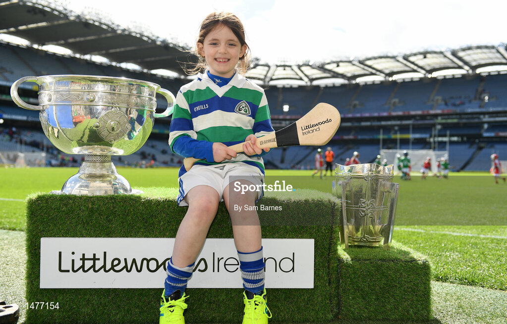 3 April 2018; Players from Carrig/Riverstown Gaels GAA, Co Offaly, pictured with the Sam Maguire and Liam MacCarthy Trophies  during Day 1 of the The Go Games Provincial days in partnership with Littlewoods Ireland at Croke Park in Dublin. Photo by Sam Barnes/Sportsfile