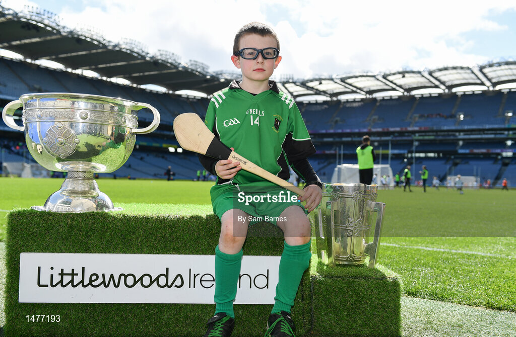 3 April 2018; Players from Ballyfin GAA, Co Laois pictured with the Sam Maguire and Liam MacCarthy Trophies  during Day 1 of the The Go Games Provincial days in partnership with Littlewoods Ireland at Croke Park in Dublin. Photo by Sam Barnes/Sportsfile