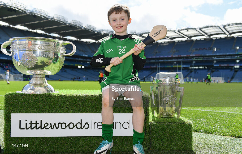 3 April 2018; Players from Ballyfin GAA, Co Laois pictured with the Sam Maguire and Liam MacCarthy Trophies  during Day 1 of the The Go Games Provincial days in partnership with Littlewoods Ireland at Croke Park in Dublin. Photo by Sam Barnes/Sportsfile