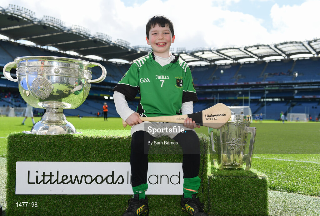 3 April 2018; Players from Ballyfin GAA, Co Laois pictured with the Sam Maguire and Liam MacCarthy Trophies  during Day 1 of the The Go Games Provincial days in partnership with Littlewoods Ireland at Croke Park in Dublin. Photo by Sam Barnes/Sportsfile