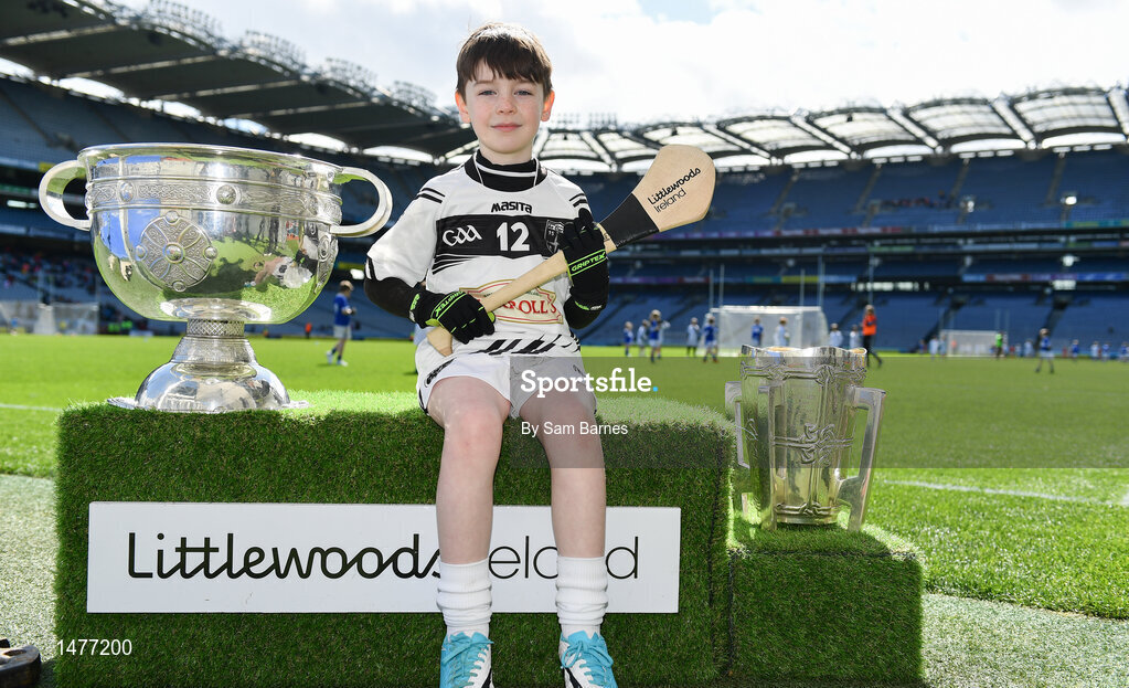 3 April 2018; Players from Clara GAA, Co Offaly, pictured with the Sam Maguire and Liam MacCarthy Trophies  during Day 1 of the The Go Games Provincial days in partnership with Littlewoods Ireland at Croke Park in Dublin. Photo by Sam Barnes/Sportsfile